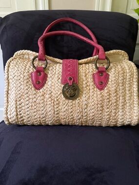Tommy Bahama Straw Tote with Pink Leather Trim and Medallion